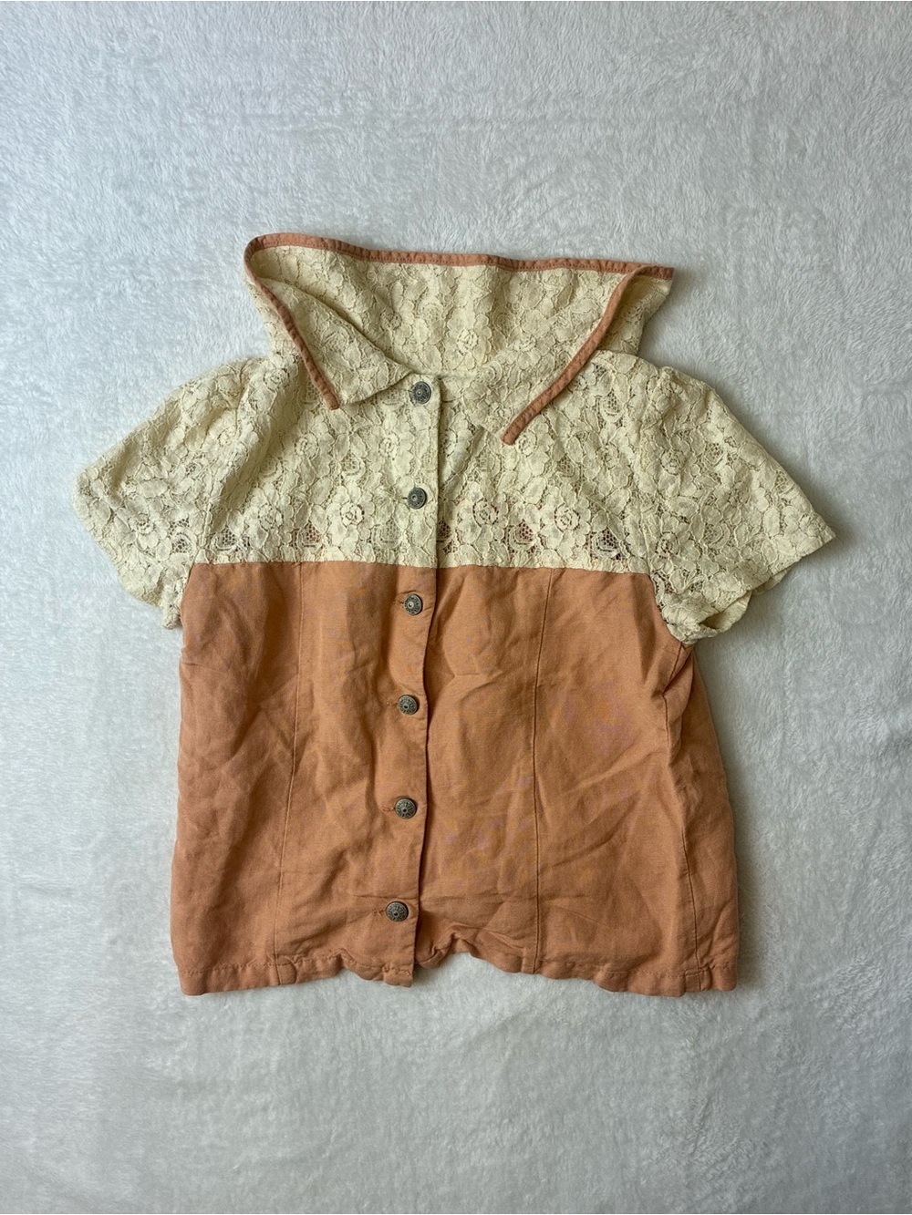 Forever 21 Cream Lace and Rust Short-Sleeve Button Front Top